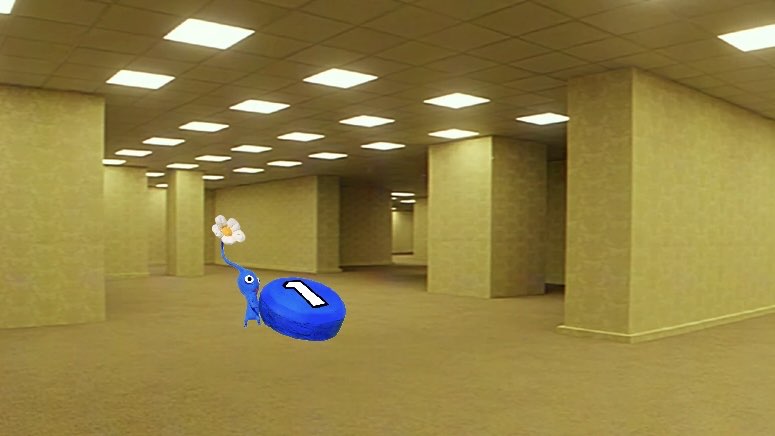 An image of a blue Pikmin lost in the backrooms