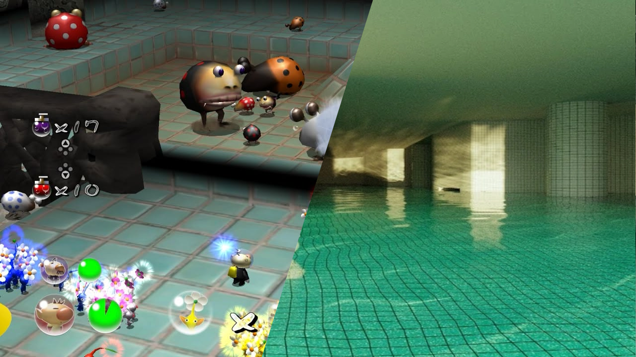 An image showing a screenshot of the tiled, pool looking shower room dungeon in Pikmin 2, constrasted with a picture of the backrooms pool room, with similar tile