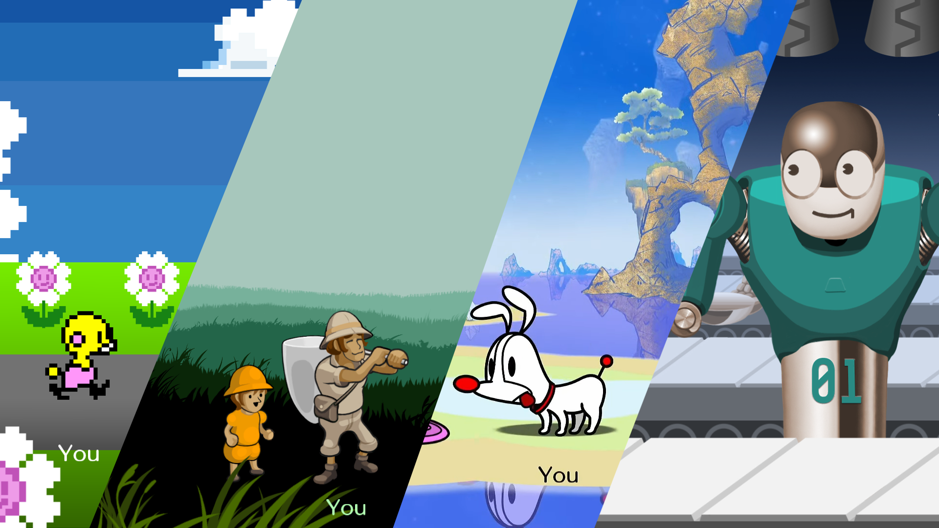 A collage of screenshots from the games Hop N Slide, Flutter Speed, Disc Dog and Yum-Bot Simulator