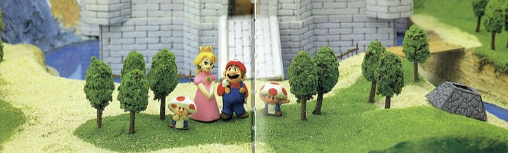 Image of Mario, Peach and two Toads standing in front of Peach's Castle. (Super Mario 64 Clear Guide. 1996. Media Factory: Tokyo)