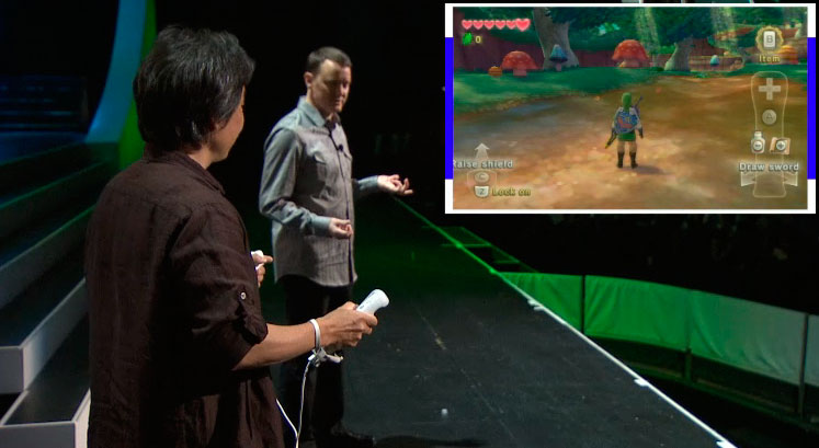 Shigeru Miyamoto and Bill Trinen showcasing Skyward Sword at E3