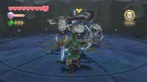A screenshot of 3 skeleton enemies facing Link from Skyward Sword